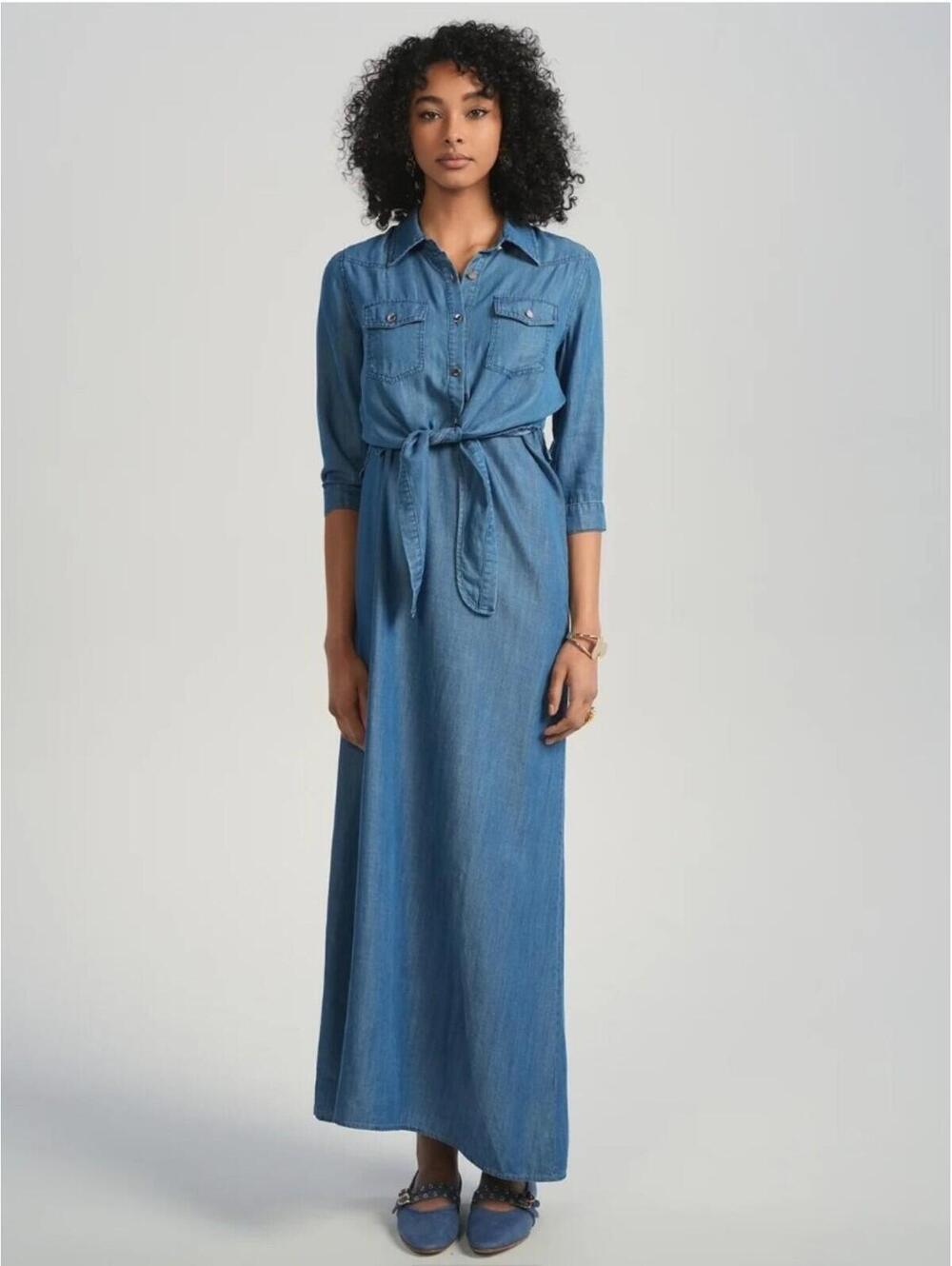 Aleeza Paris Joliet Blue Denim Maxi Dress Set Size Medium NWT Tencel 2-Piece